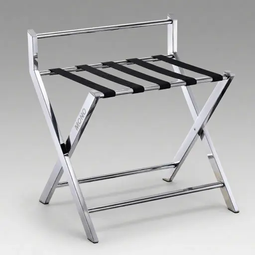Stainless Steel Backrest Luggage Rack with 5 Straps [1033] — LGR-1033 — A foldable stainless steel luggage rack with a rectangular-tube frame, five strong nylon straps and a backrest to keep luggage from scuffing walls. Plastic foot caps guard floors and the frame folds flat for storage. Measures 60x45x67cm, in rose gold, gold, silver, steel or black.
