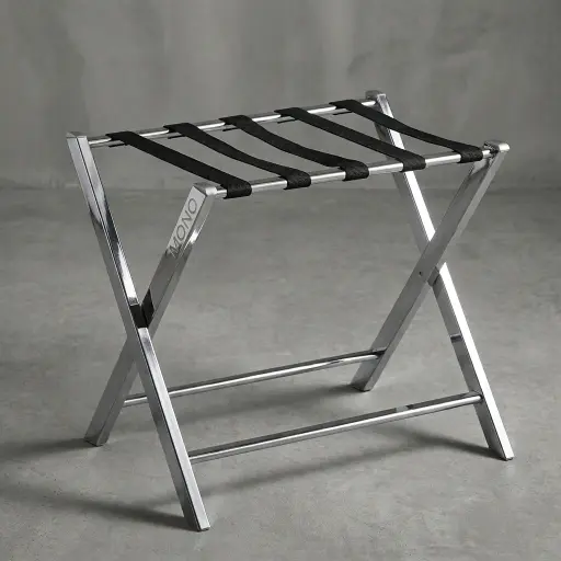 Stainless Steel Luggage Rack with 5 Straps [1034] — LGR-1034 — A foldable stainless steel luggage rack with a rectangular-tube frame, five strong nylon straps and a backless, space-saving design. Plastic foot caps protect floors and it folds flat for easy storage. Measures 60x45x53cm, in rose gold, silver, steel or black.