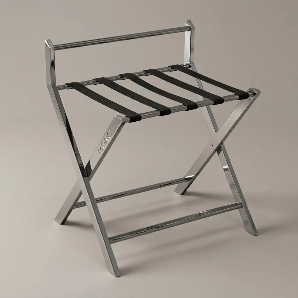 Foldable Stainless Steel Luggage Rack With Backrest — LGR-1035 — A foldable stainless steel luggage rack with a rectangular-tube frame, five strong nylon straps and a backrest that shields walls from scuffs. Plastic foot caps guard floors and the frame folds flat for storage. Measures 60x45x67cm, in rose gold, gold, silver or black. (image 1)