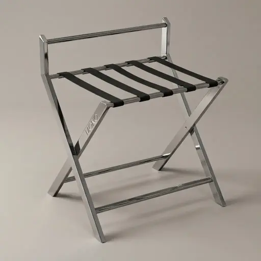 Foldable Stainless Steel Luggage Rack With Backrest — LGR-1035 — A foldable stainless steel luggage rack with a rectangular-tube frame, five strong nylon straps and a backrest that shields walls from scuffs. Plastic foot caps guard floors and the frame folds flat for storage. Measures 60x45x67cm, in rose gold, gold, silver or black.