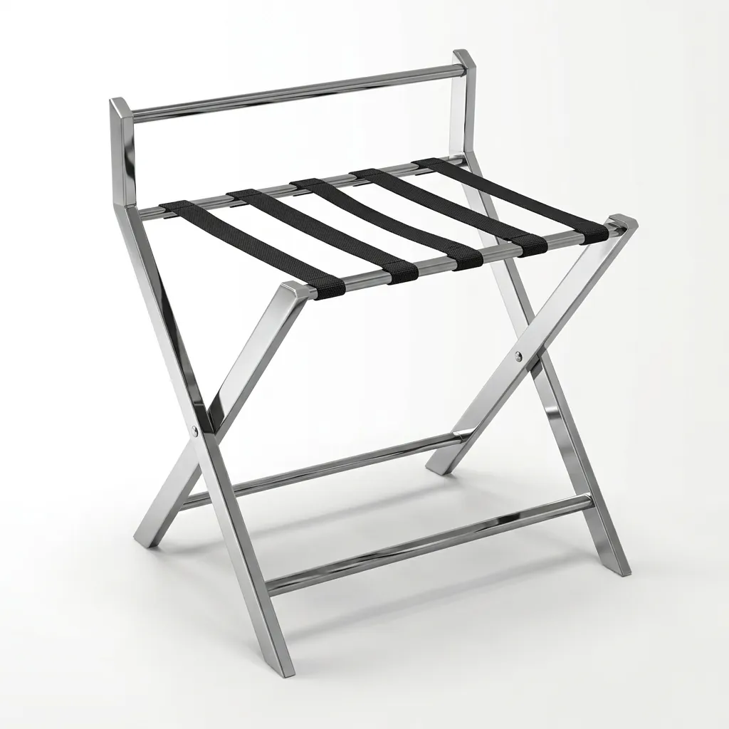 Foldable Stainless Steel Luggage Rack With Backrest — LGR-1035 — A foldable stainless steel luggage rack with a rectangular-tube frame, five strong nylon straps and a backrest that shields walls from scuffs. Plastic foot caps guard floors and the frame folds flat for storage. Measures 60x45x67cm, in rose gold, gold, silver or black. (image 2)