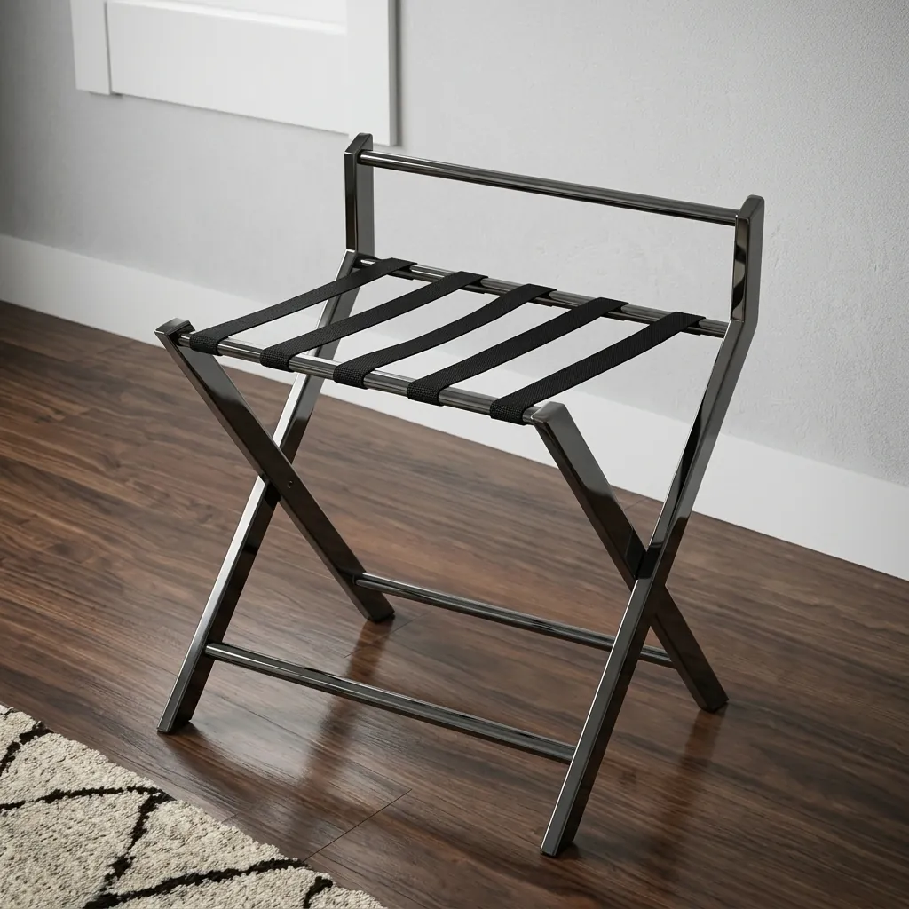 Foldable Stainless Steel Luggage Rack With Backrest — LGR-1035 — A foldable stainless steel luggage rack with a rectangular-tube frame, five strong nylon straps and a backrest that shields walls from scuffs. Plastic foot caps guard floors and the frame folds flat for storage. Measures 60x45x67cm, in rose gold, gold, silver or black. (image 3)