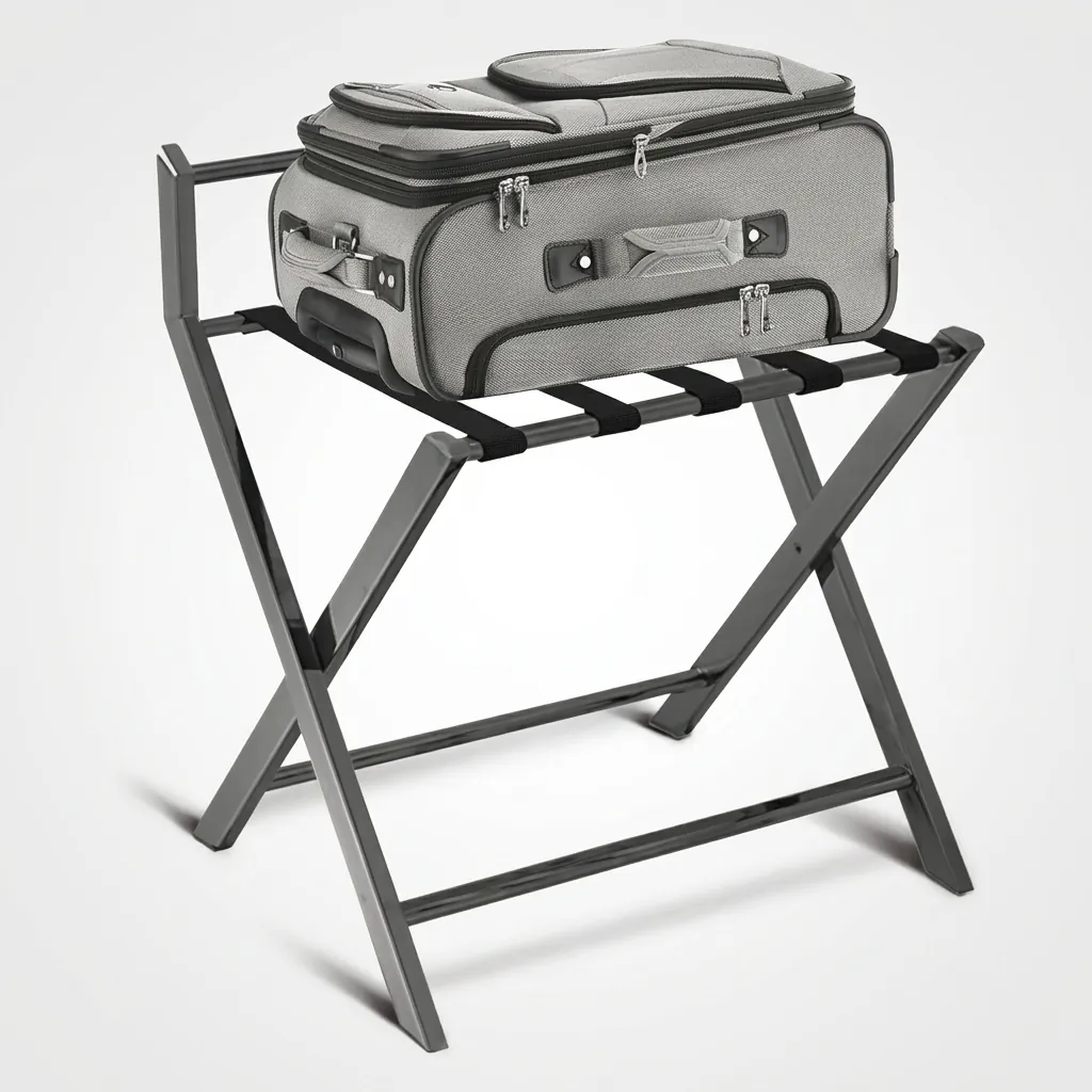 Foldable Stainless Steel Luggage Rack With Backrest — LGR-1035 — A foldable stainless steel luggage rack with a rectangular-tube frame, five strong nylon straps and a backrest that shields walls from scuffs. Plastic foot caps guard floors and the frame folds flat for storage. Measures 60x45x67cm, in rose gold, gold, silver or black. (image 4)