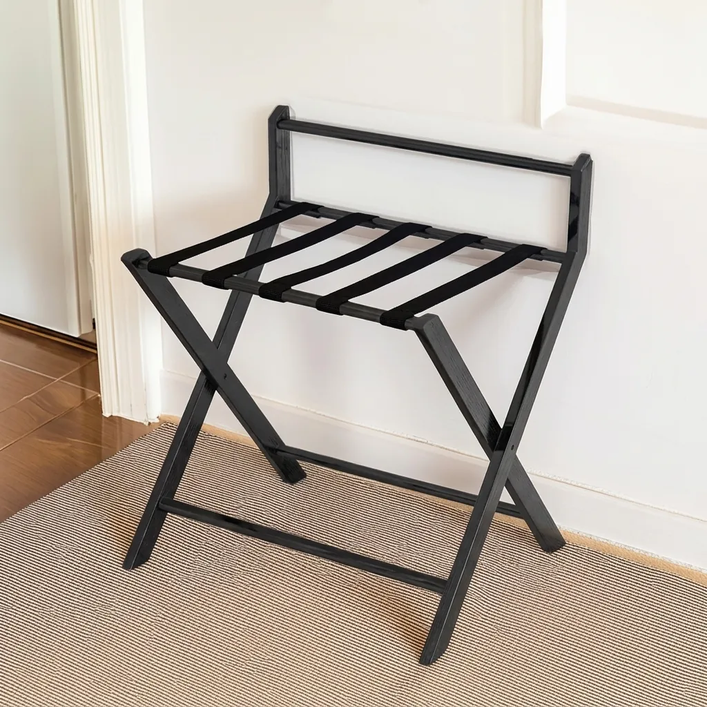Foldable Stainless Steel Luggage Rack With Backrest — LGR-1035 — A foldable stainless steel luggage rack with a rectangular-tube frame, five strong nylon straps and a backrest that shields walls from scuffs. Plastic foot caps guard floors and the frame folds flat for storage. Measures 60x45x67cm, in rose gold, gold, silver or black. (image 5)