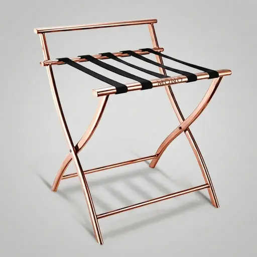 Stainless Steel Backrest Luggage Rack with 5 Straps [1037] — LGR-1037 — A foldable stainless steel luggage rack with five strong nylon straps and a backrest that protects walls from scuffs. Rated to 40kg, it has plastic foot caps and folds flat for easy storage. Measures 52x52x65cm, in rose gold, gold, silver or black.