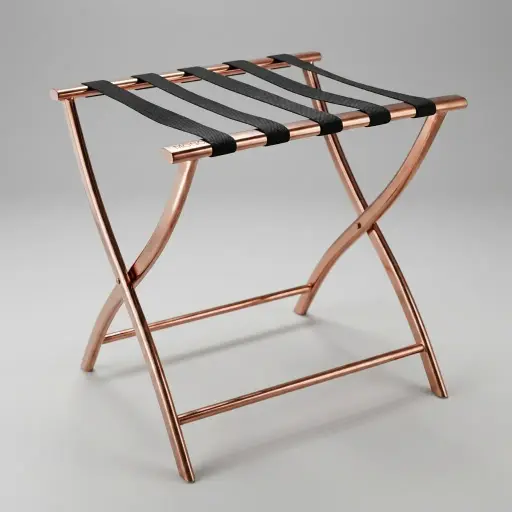 Stainless Steel Luggage Rack with 5 Straps [1038] — LGR-1038 — A foldable stainless steel luggage rack with five strong nylon straps and a space-saving backless design. Plastic foot caps protect floors and the frame folds flat for storage. Measures 52x45x52.5cm, in rose gold, gold, silver, steel or black.