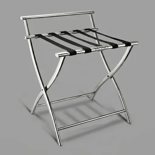 Stainless Steel Backrest Luggage Rack with 5 Straps [1039] — LGR-1039 — A foldable stainless steel luggage rack with five durable nylon straps and a wall-protecting backrest. Rated to 40kg with plastic foot caps, it folds flat for easy storage. Measures 52x52x65cm, in rose gold, gold, silver, steel or black.