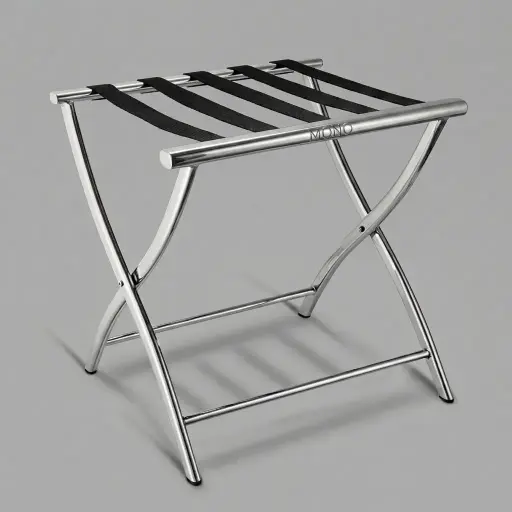 Stainless Steel Luggage Rack with 5 Straps [1040] — LGR-1040 — A foldable stainless steel luggage rack with five strong nylon straps and a backless, space-saving frame. Plastic foot caps protect floors and it folds flat for storage. Measures 52x45x52.5cm, in rose gold, gold, silver, steel or black.