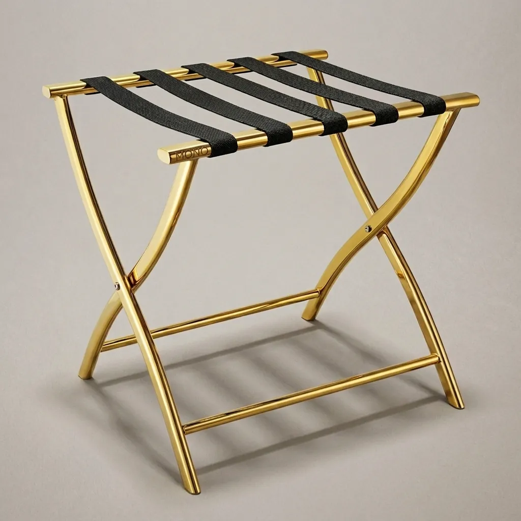 Stainless Steel Luggage Rack with 5 Straps [1042] — LGR-1042 — A foldable stainless steel luggage rack with five durable nylon straps and a space-saving backless design. Plastic foot caps protect floors, folds flat for storage. Measures 52x45x52.5cm, rose gold, gold, silver, steel or black. (image 1)