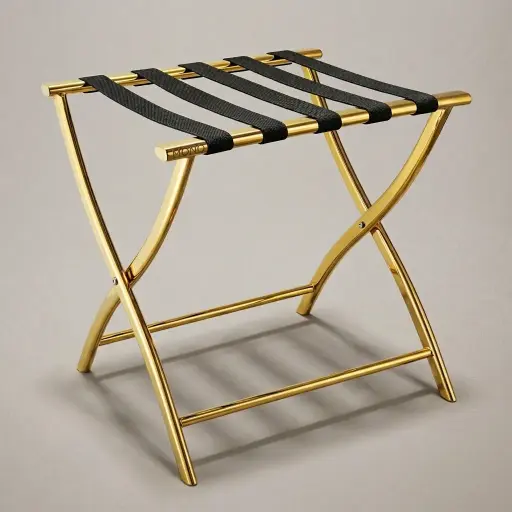 Stainless Steel Luggage Rack with 5 Straps [1042] — LGR-1042 — A foldable stainless steel luggage rack with five durable nylon straps and a space-saving backless design. Plastic foot caps protect floors and the frame folds flat for storage. Measures 52x45x52.5cm, in rose gold, gold, silver, steel or black.