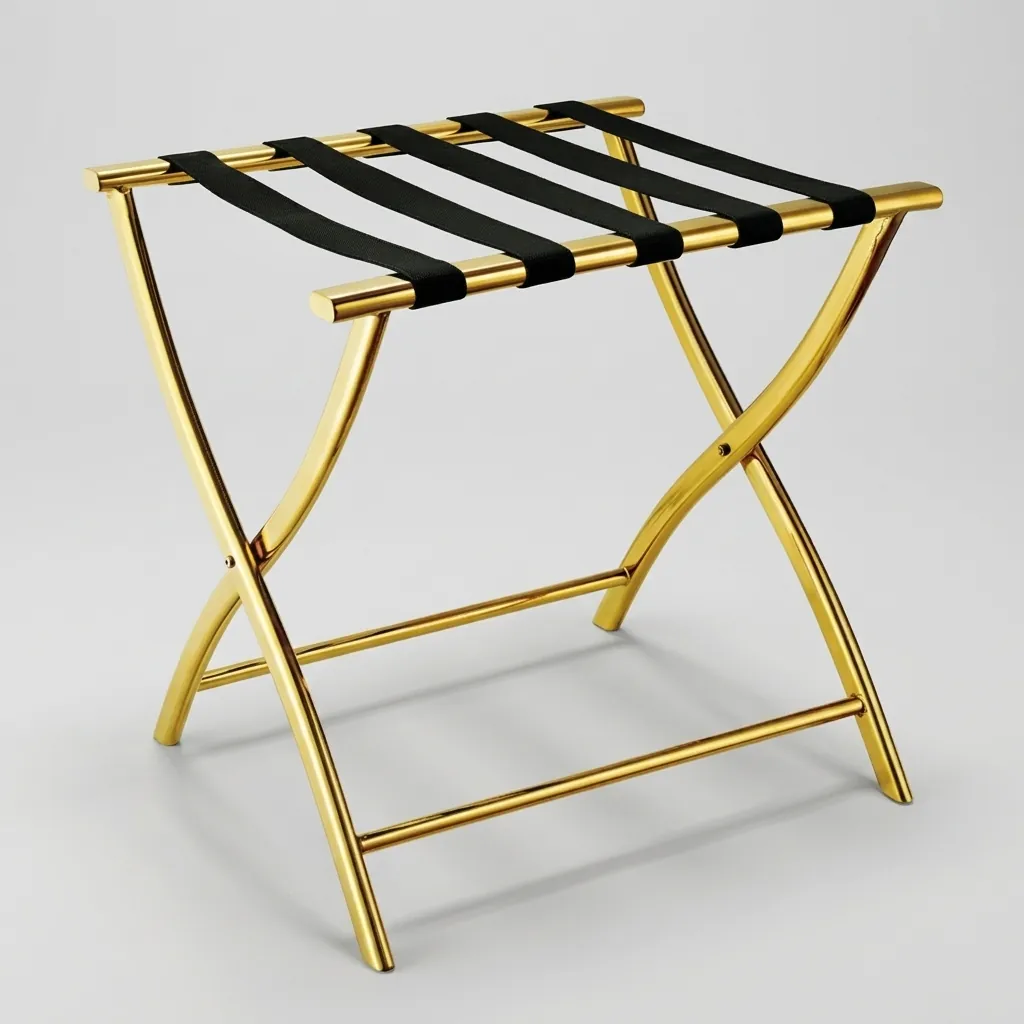 Stainless Steel Luggage Rack with 5 Straps [1042] — LGR-1042 — A foldable stainless steel luggage rack with five durable nylon straps and a space-saving backless design. Plastic foot caps protect floors, folds flat for storage. Measures 52x45x52.5cm, rose gold, gold, silver, steel or black. (image 2)