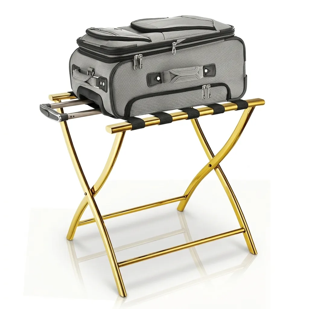 Stainless Steel Luggage Rack with 5 Straps [1042] — LGR-1042 — A foldable stainless steel luggage rack with five durable nylon straps and a space-saving backless design. Plastic foot caps protect floors, folds flat for storage. Measures 52x45x52.5cm, rose gold, gold, silver, steel or black. (image 3)