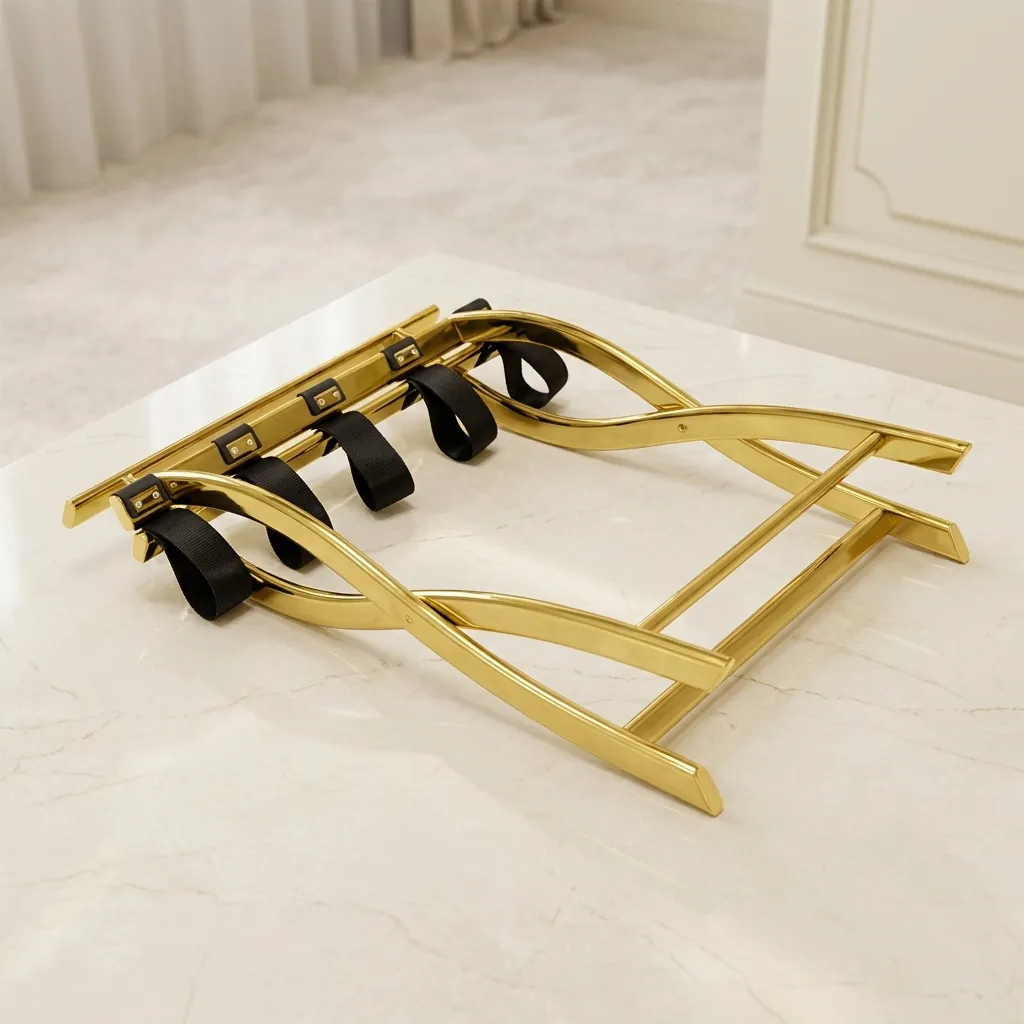 Stainless Steel Luggage Rack with 5 Straps [1042] — LGR-1042 — A foldable stainless steel luggage rack with five durable nylon straps and a space-saving backless design. Plastic foot caps protect floors, folds flat for storage. Measures 52x45x52.5cm, rose gold, gold, silver, steel or black. (image 5)