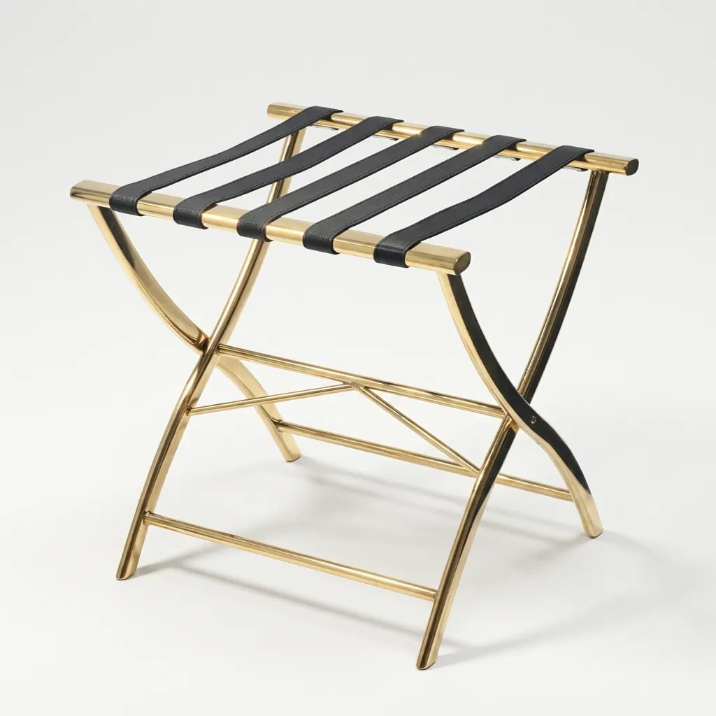 Stainless Steel Luggage Rack with 5 Straps [1042] — LGR-1042 — A foldable stainless steel luggage rack with five durable nylon straps and a space-saving backless design. Plastic foot caps protect floors, folds flat for storage. Measures 52x45x52.5cm, rose gold, gold, silver, steel or black. (image 8)
