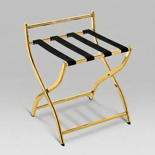 Stainless Steel Backrest Luggage Rack with 4 Straps [1043] — LGR-1043 — A foldable solid stainless steel luggage rack with four strong nylon straps and a wall-protecting backrest. Plastic foot caps guard floors and the sturdy frame folds flat for storage. A generous 61x47x67cm size, in black, silver or gold.