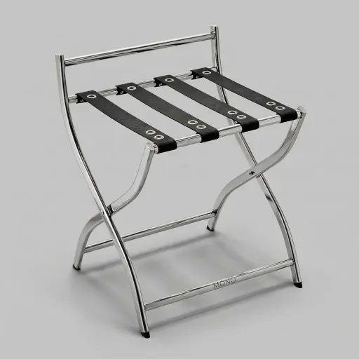 Stainless Steel Backrest Luggage Rack with 4 Straps [1044] — LGR-1044 — A foldable solid stainless steel luggage rack with four durable nylon straps and a backrest that shields walls from scuffs. Plastic foot caps protect floors and the frame folds flat for storage. A roomy 61x47x67cm size, in stainless steel, silver, gold or black.