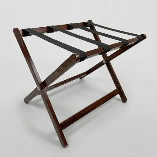 Rubber Wood Luggage Rack with 4 Straps [1045] — LGR-1045 — A foldable rubber wood luggage rack built for heavy loads up to 100kg, with four strong nylon straps for stability. The backless, space-saving design folds flat for easy storage. Measures 60x45x50cm open, in black or brown.