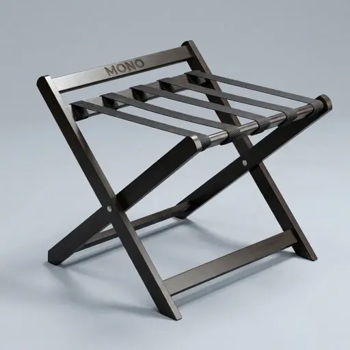 Wooden Luggage Rack With Backrest — LGR-1046 — A foldable rubber wood luggage rack with five strong nylon straps and a backrest that protects walls from scuffs. Built for heavy loads, it folds flat for compact storage. Measures 60x55x58cm, in mahogany or black.