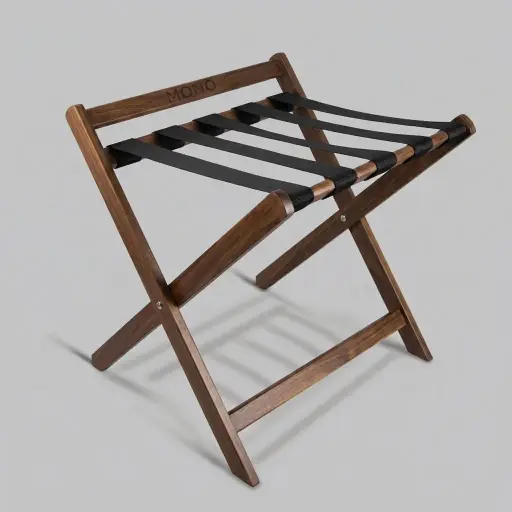 Wooden Luggage Rack With Backrest Mahogany — LGR-1047 — A foldable rubber wood luggage rack with five durable nylon straps and a wall-protecting backrest. Built for heavy loads, it folds flat to save space. Measures 60x55x58cm, in mahogany or black.