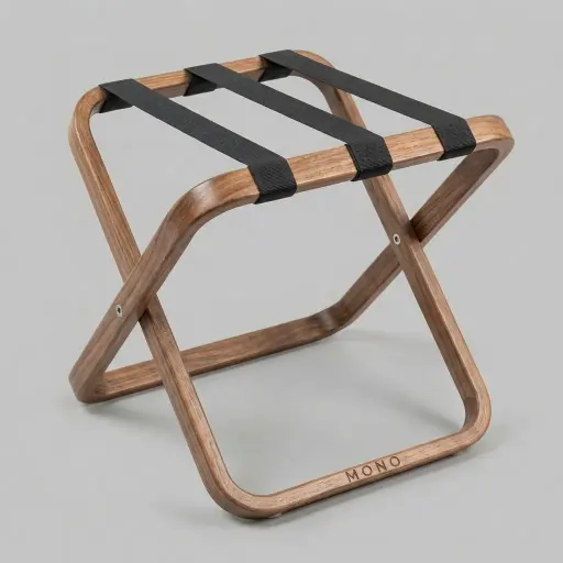 Rubber Wood Luggage Rack with 3 Straps — LGR-1055 — A compact foldable rubber wood luggage rack with three strong webbing straps and anti-slip pads for stable, heavy-duty use. The rounded, natural-look design folds flat for easy storage. Measures 50.3x48.5x61.8cm, finished in black.