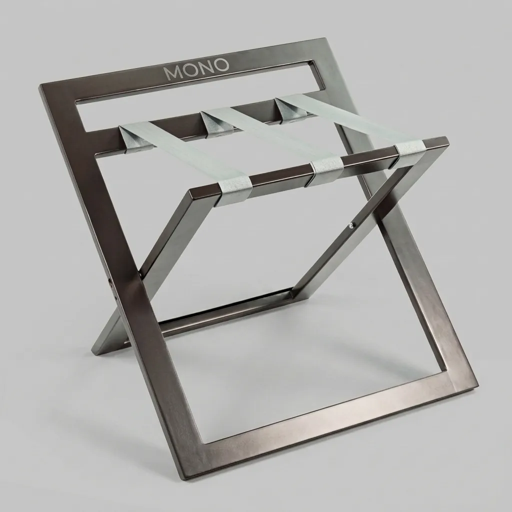 Rubber Wood Backrest Luggage Rack with Nylon Straps — LGR-1060 — A foldable rubber wood luggage rack with three grey webbing straps and a backrest that protects walls from scuffs. The square, modern design folds flat to just 5.5cm deep for easy storage. Measures 57x47.5x52cm open, in grey or brown. (image 1)