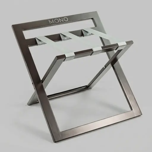 Rubber Wood Backrest Luggage Rack with Nylon Straps — LGR-1060 — A foldable rubber wood luggage rack with three grey webbing straps and a backrest that protects walls from scuffs. The square, modern design folds flat to just 5.5cm deep for easy storage. Measures 57x47.5x52cm open, in grey or brown.