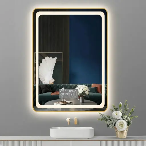 Round-Rect Framed Front-Lit Mirror with Digital Clock