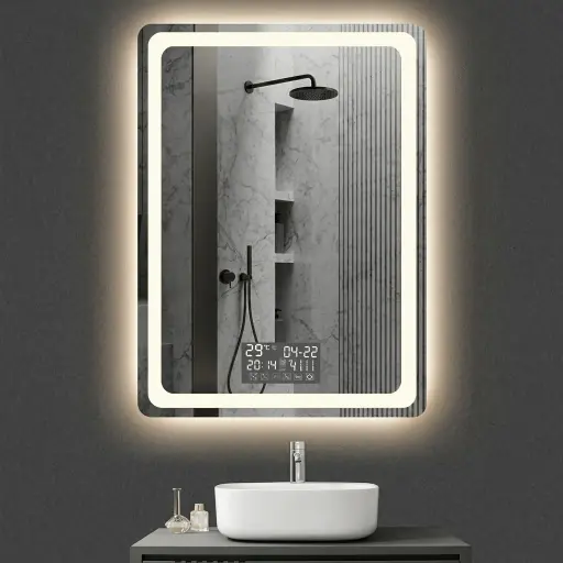 Round-Rect Frameless Front-Lit Mirror with Digital Clock