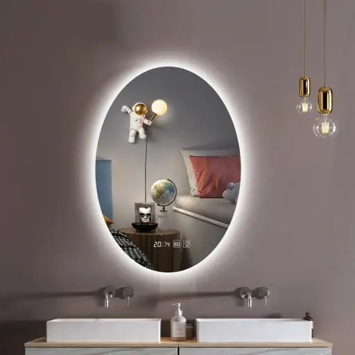 Oval Frameless LED Backlit Mirror with Digital Clock