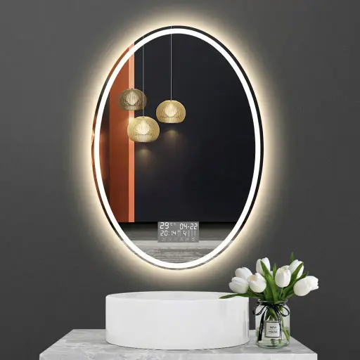 Oval Frameless LED Front-Light Mirror with Digital Clock