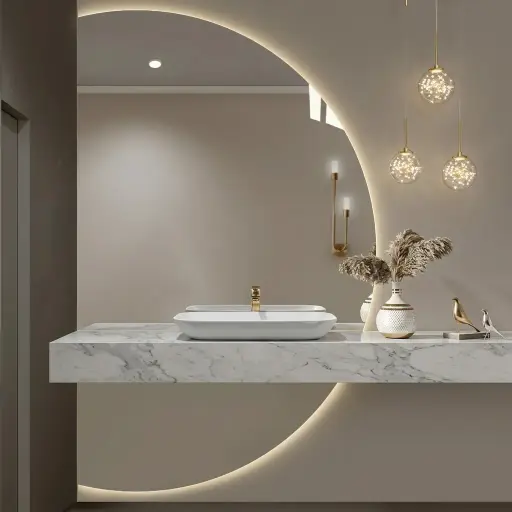 Half Moon Cutting Frameless LED Backlit Mirror with Touch Dimmer