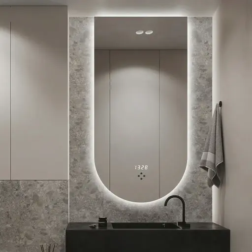 U-Shaped Frameless LED Backlit Mirror with Digital Clock