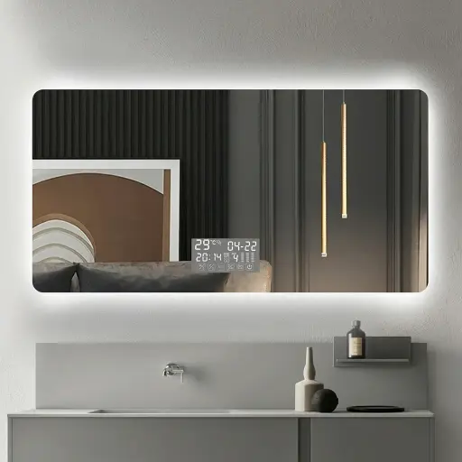 Rectangle Frameless LED Backlit Mirror with Digital Clock