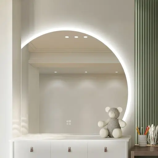Semi Circular Frameless Backlit Mirror with Digital Clock with Touch Dimmer [1046]