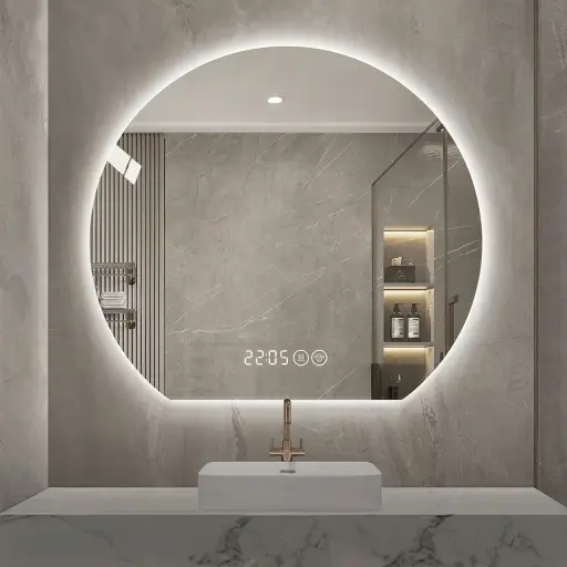 Semi Circular Frameless Backlit Mirror with Digital Clock with Touch Dimmer [1048]