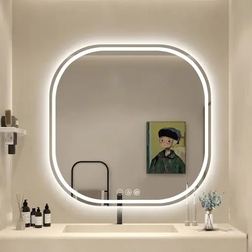 Rounded Square Frameless LED Front-Light Mirror with Touch Dimmer