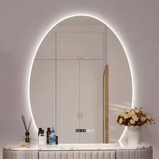 Semi Oval Frameless LED Backlit Mirror with Digital Clock