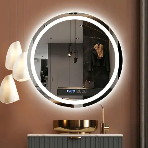 Round Frameless Front-Lit Mirror with Digital Clock with Touch Dimmer [1053]