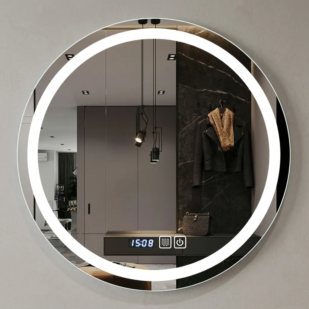 Round Frameless Front-Lit Mirror with Digital Clock with Touch Dimmer [1053] — LHM-1053 (image 2)