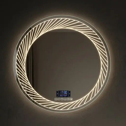 Round Frameless Front-Lit Mirror with Digital Clock with Touch Dimmer [1054]