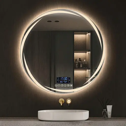 Round Frameless Front-Lit Mirror with Digital Clock with Touch Dimmer [1055]