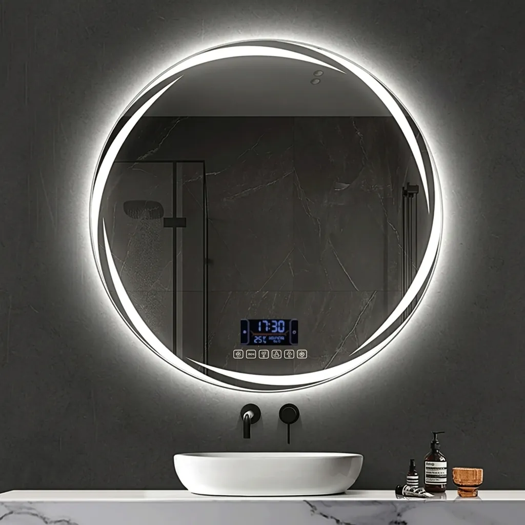 Round Frameless Front-Lit Mirror with Digital Clock with Touch Dimmer [1055] — LHM-1055 (image 2)