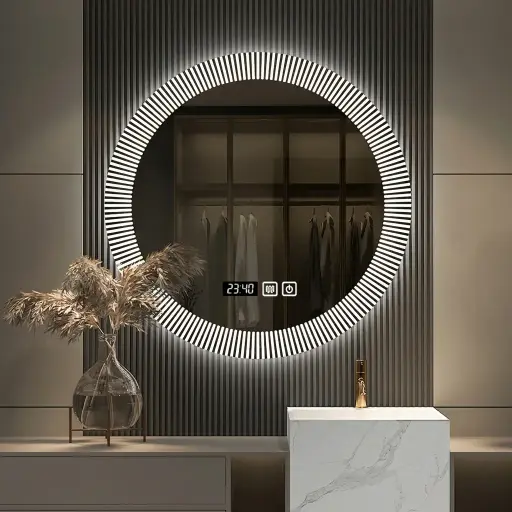 Round Frameless LED Backlit Mirror with Digital Clock
