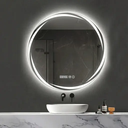 Round Frameless Front-Lit Mirror with Digital Clock with Touch Dimmer [1061]