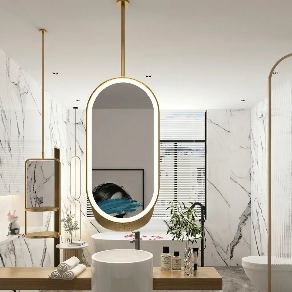 Oval Ceiling-Hung Framed LED Front-Light Mirror with Touch Dimmer [1086] — LHM-1086 (image 1)