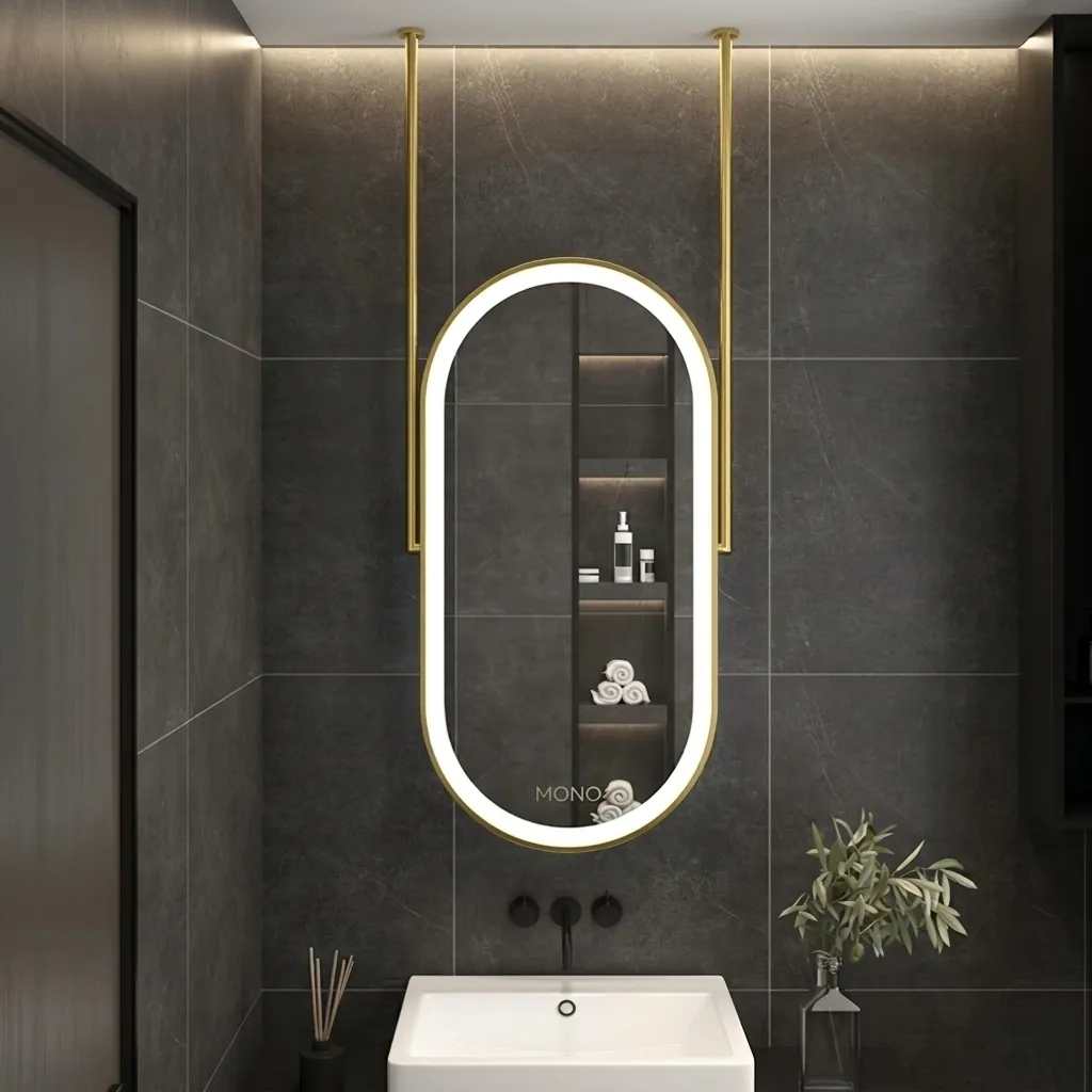 Oval Ceiling-Hung Framed LED Front-Light Mirror with Touch Dimmer [1087] — LHM-1087 (image 1)