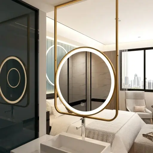 Round Ceiling-Hung Framed Front-Lit Mirror with Touch Dimmer [1091]