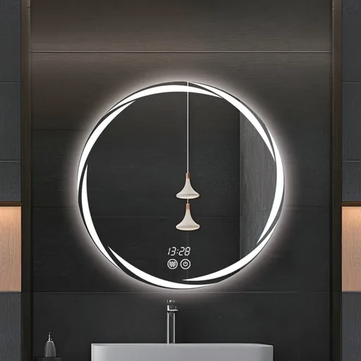 Round Swirl LED Bathroom Mirror with Time Display — WLM-1084