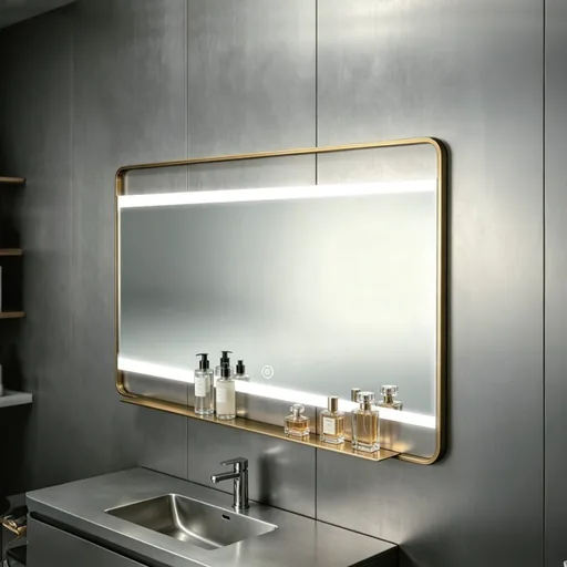 Rectangle Stainless Steel Framed LED Mirror with Shelf — WLM-1097