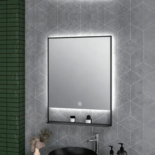 Black Framed Portrait LED Mirror with Shelf — WLM-1098